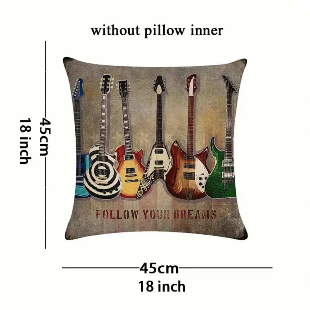 4 Pc Throw Pillow Covers‎ Guitar Microphone Headphone No Pillow Insert, 18*18in